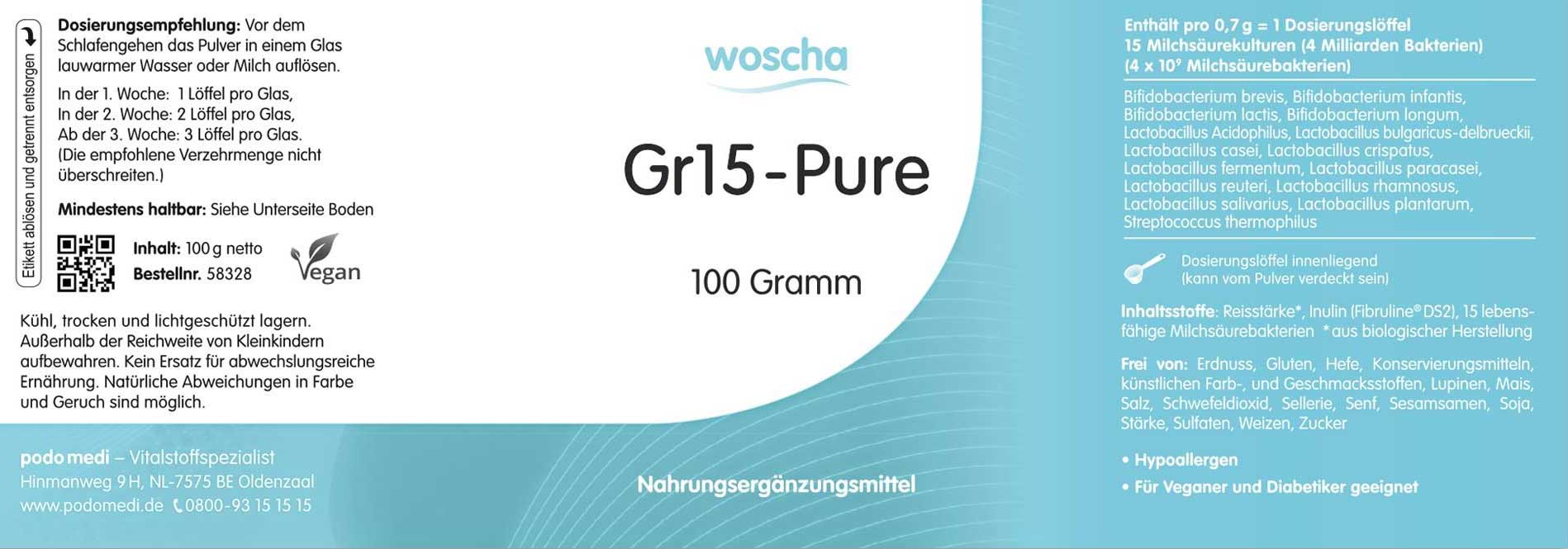 Woscha GR15-Pure von podo medi beinhaltet 100 Gramm Pulver Etikett