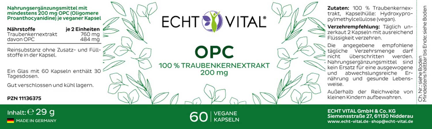 Etikett OPC Kapseln aus Traubenkern von Echt Vital beinhaltet 60 vegane Kapseln