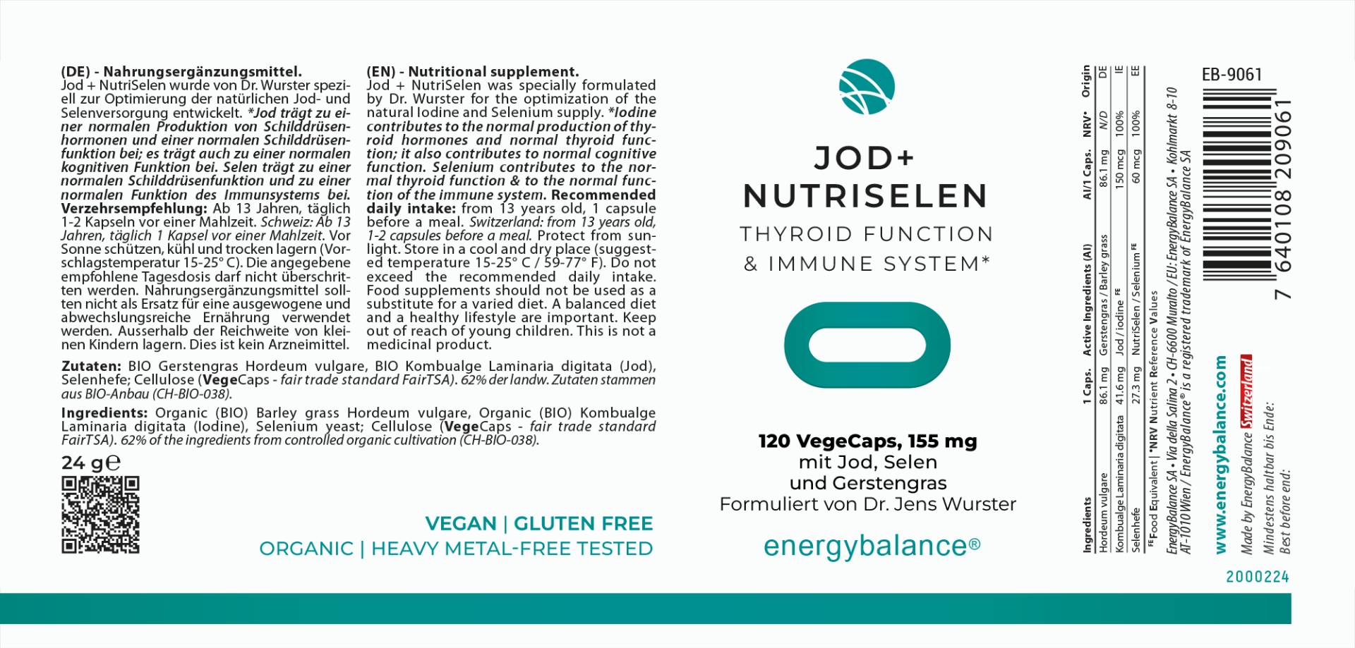 EnergyBalance Jod + NutriSelen mit Gerstengras, 120 Kapseln Schilddrüse EAN: 7640108209061