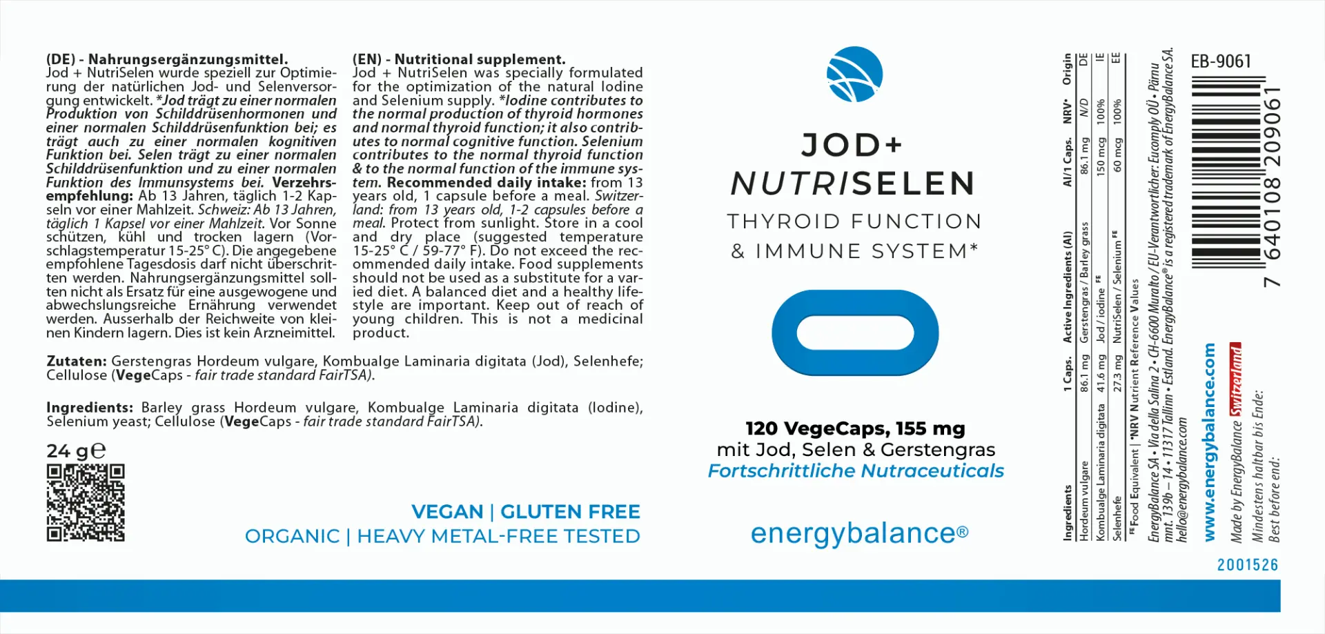 EnergyBalance Iodio + NutriSelen con erba d'orzo, 120 capsule Schilddrüse EAN: 7640108209061