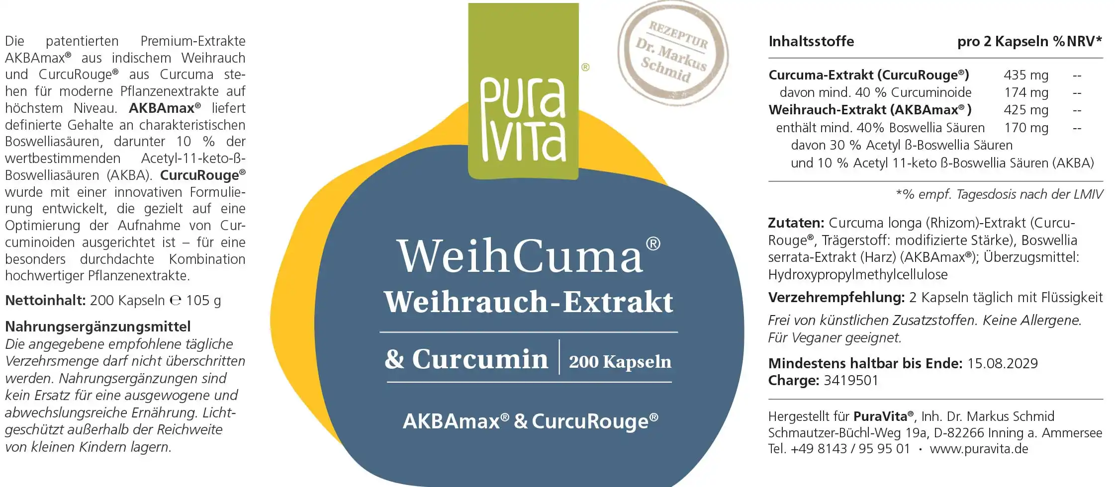 PuraVita WeihCuma Weihrauch-Curcuma-Extrakt, 200 Kapseln Gelenke EAN: