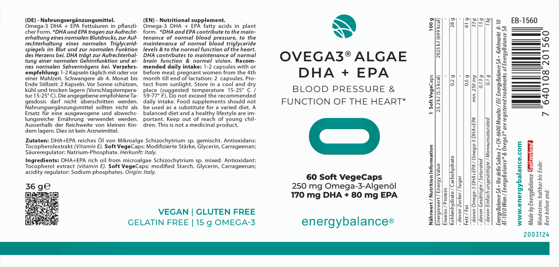 EnergyBalance Ovega3 Algae DHA + EPA, Algenöl 250 mg Omega-3, 60 VegeCaps  EAN: 7640108201560