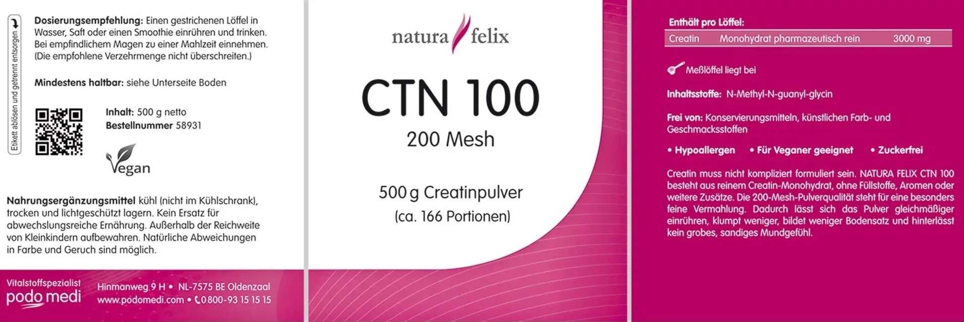 Woscha CTN 100 Creatina, 500 grammi  EAN: 8717729199602