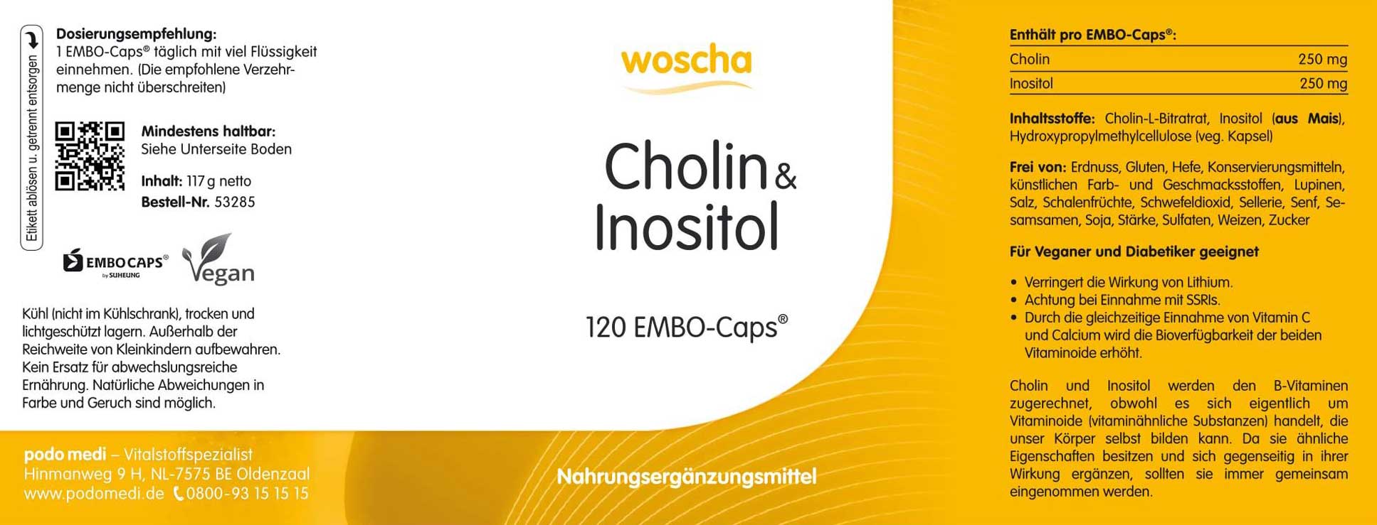Woscha Cholin Inositol podo medi 120 Kapseln Etikett Woscha Cholin und Inositol von podo medi beinhaltet 120 Kapseln Etikett
