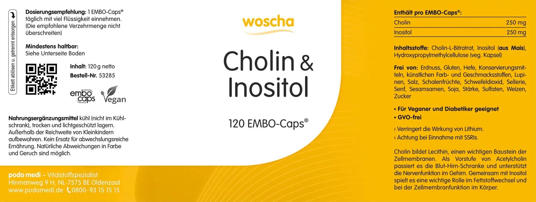 Woscha Cholin und Inositol von podo medi beinhaltet 120 Kapseln Etikett