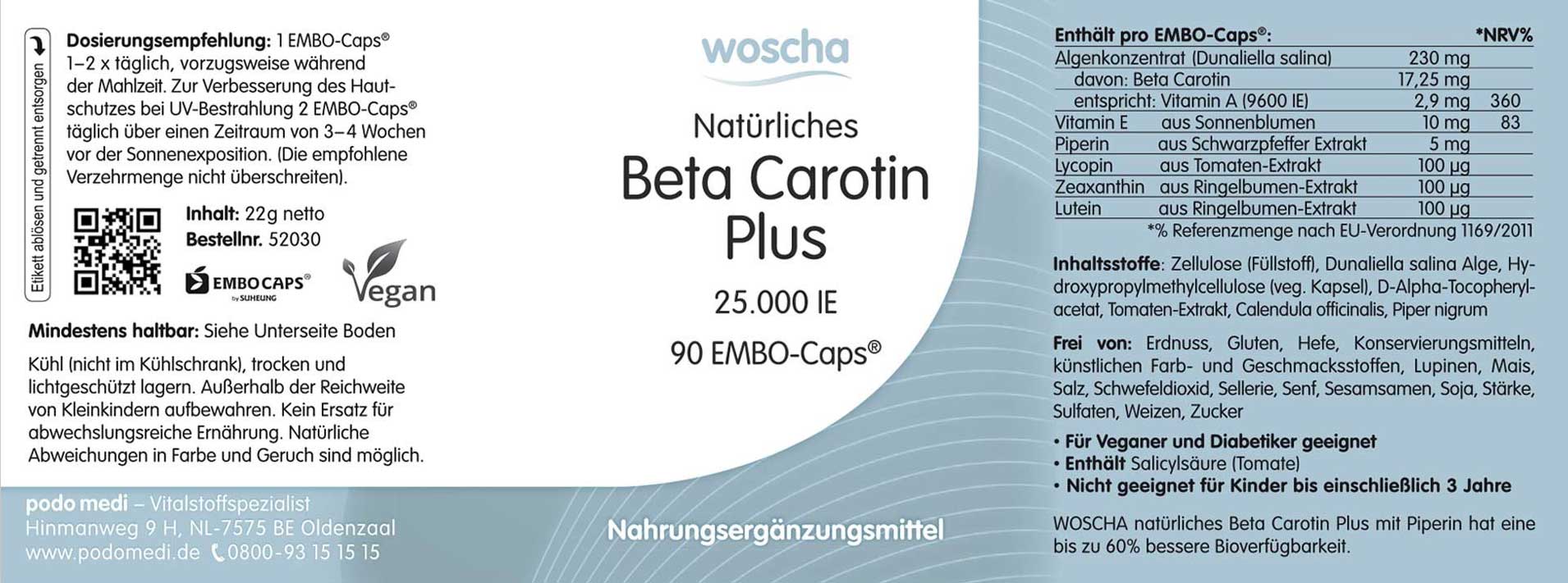 Woscha Natürliches Beta Carotin Plus podo medi 90 Kapseln Woscha Natürliches Beta Carotin Plus von podo medi beinhaltet 90 Kapseln