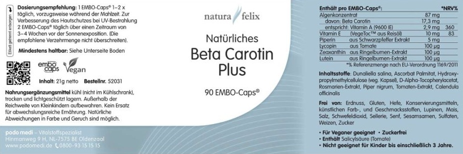 Natura Felix Natürliches Beta Carotin Plus podo medi 90 Kapsellabel