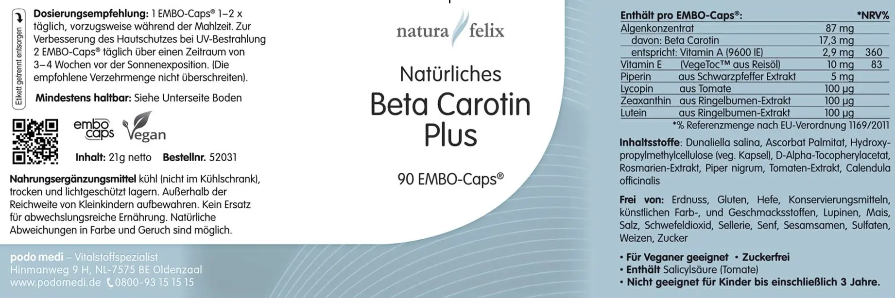 Natura Felix Natürliches Beta Carotin Plus podo medi 90 Kapsellabel