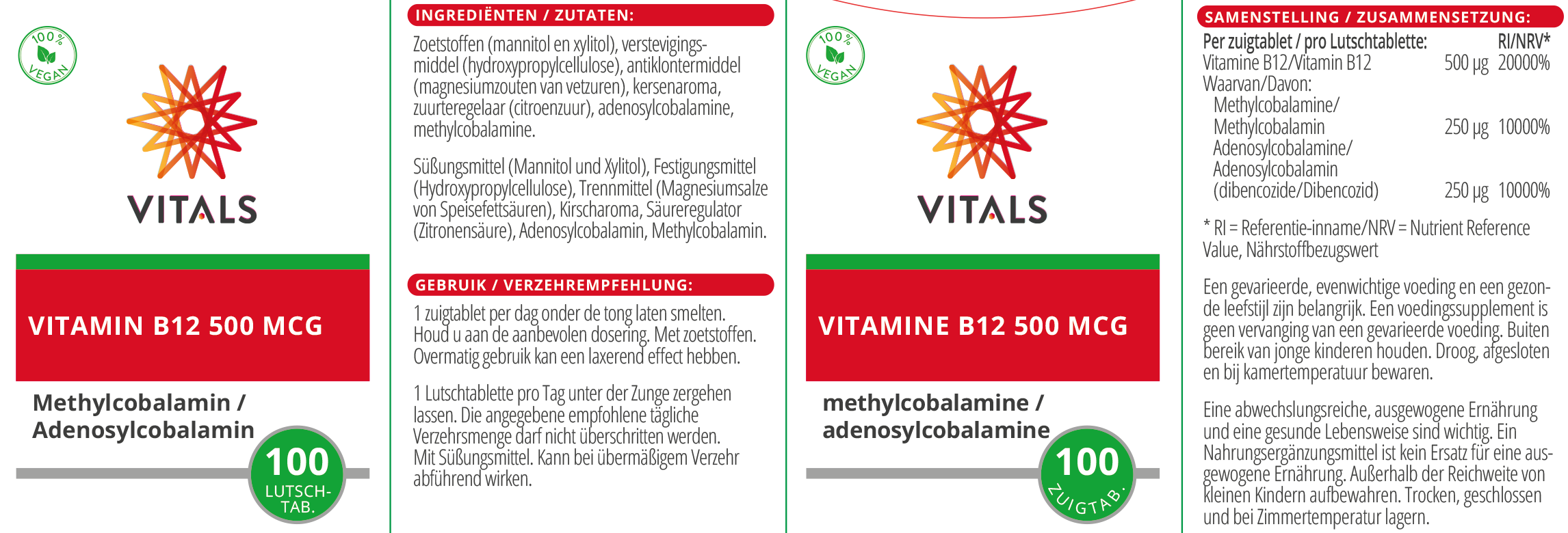 Vitals Vitamin B12 500 mcg, 100 Lutschtabletten Methylcobalamin aktives Vitamin B12 EAN: 8716717004430