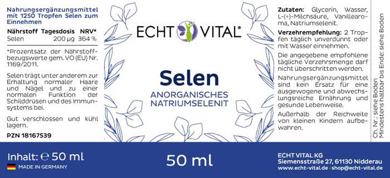 Etikett Selen Tropfen aus Natriumselenit von Echt Vital in 50 Milliliter Flasche
