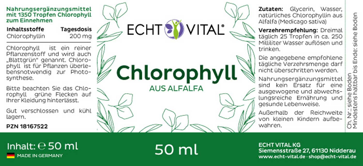 Etikett Chlorophyll Tropfen von Echt Vital beinhaltet 50 Milliliter