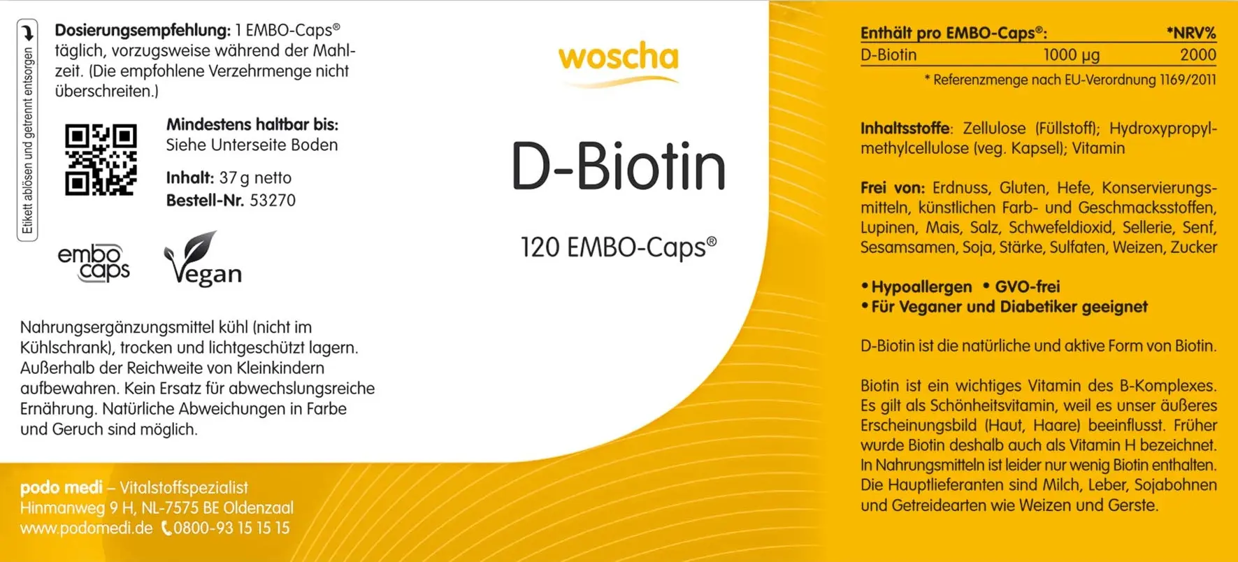 Woscha D-Biotin von podo medi beinhaltet 120 Kapseln Etikett