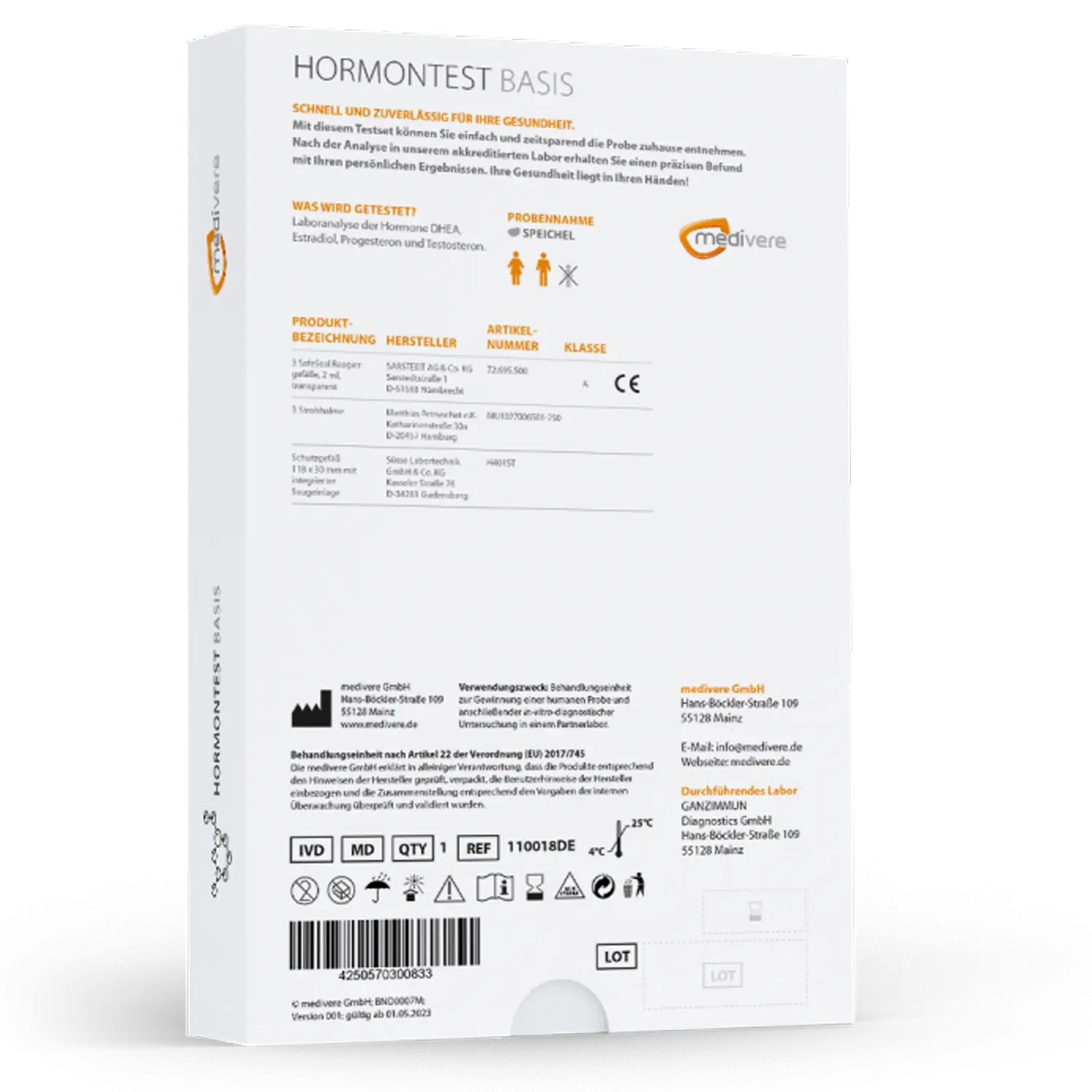 Medivere Hormone Basis Medivere Laboranalyse Hormonstatus 110018DE hormonellesGleichgewicht EAN: 4250570300833