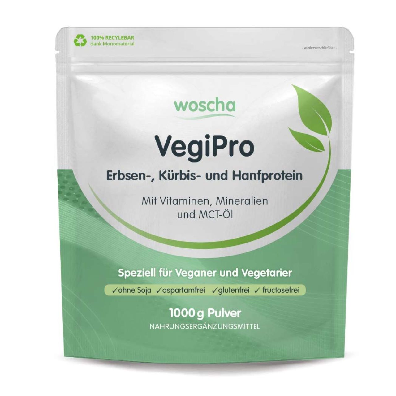 Woscha VegiPro Erbsen-, Kürbis- und Hanfprotein podo medi 1000 g Woscha VegiPro Erbsen-, Kürbis- und Hanfprotein von podo medi beinhaltet 1000 Gramm Pulver