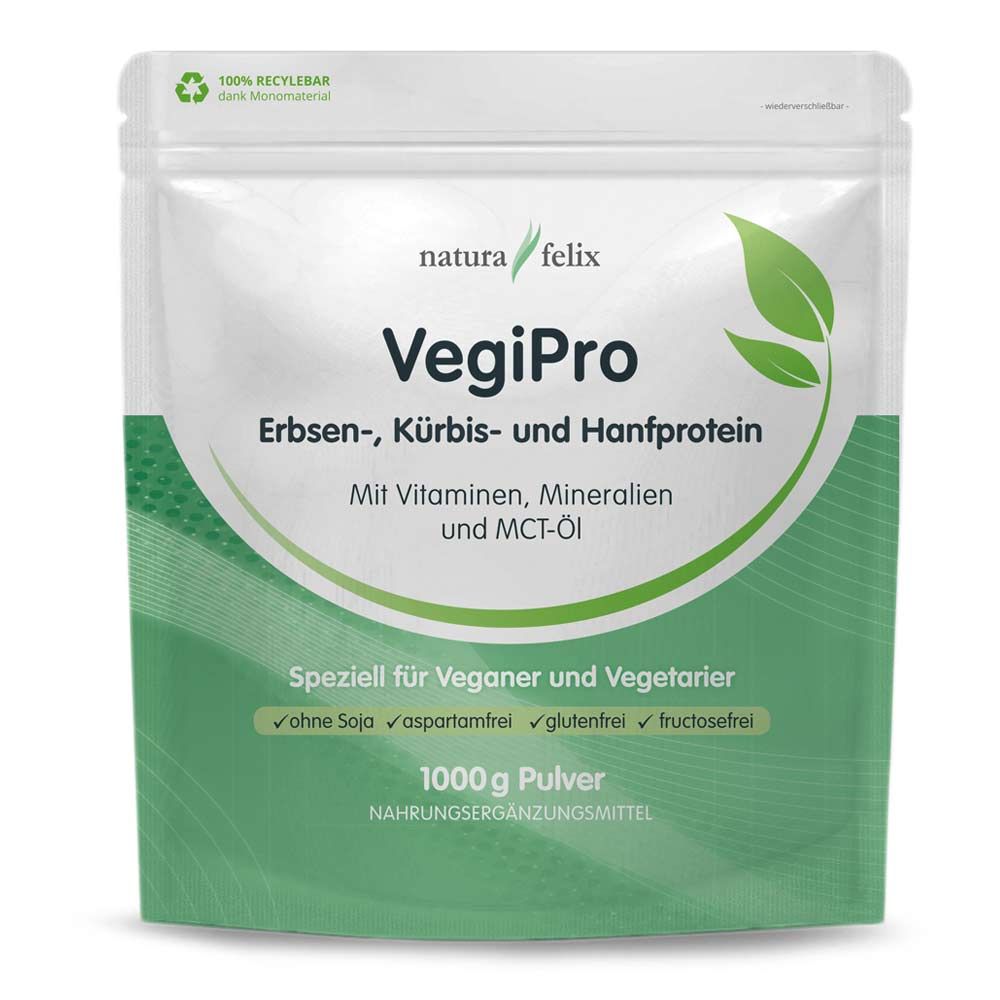 natur-felix VegiPro Erbsen-, Kürbis- und Hanfprotein von podo medi beinhaltet 1000 Gramm Pulver