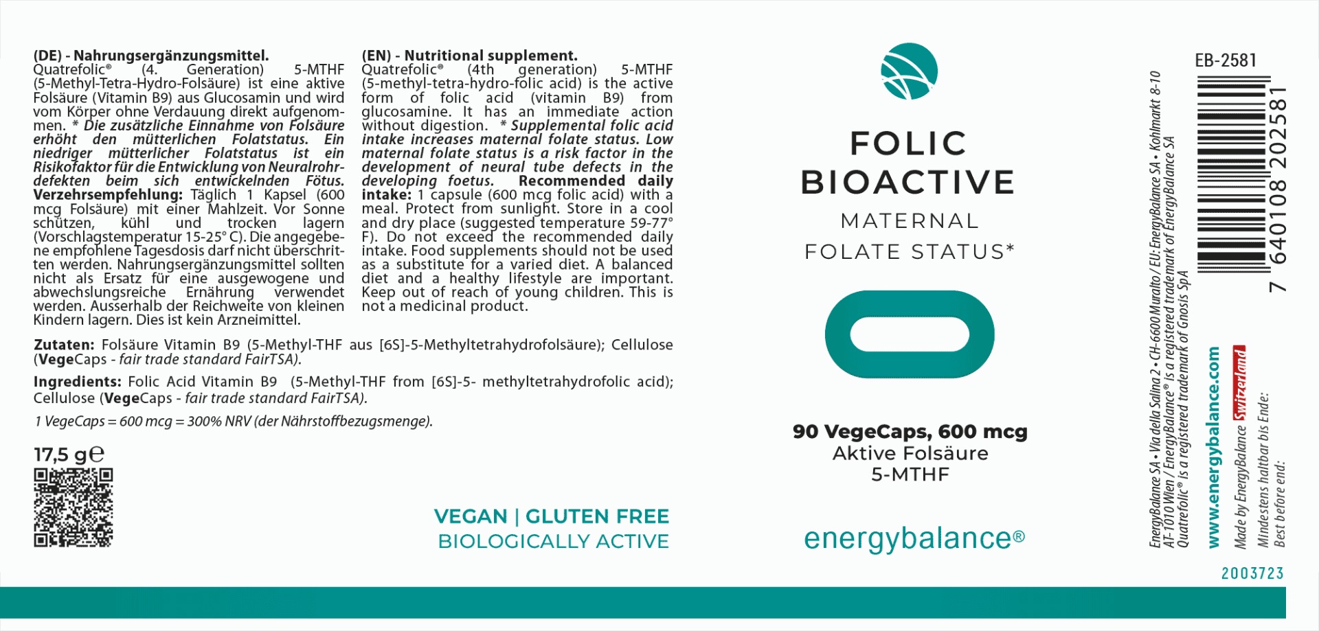 EnergyBalance Folic BioActive 5-MTHF, 90 VegeCaps Blutarmut EAN: 7640108202581