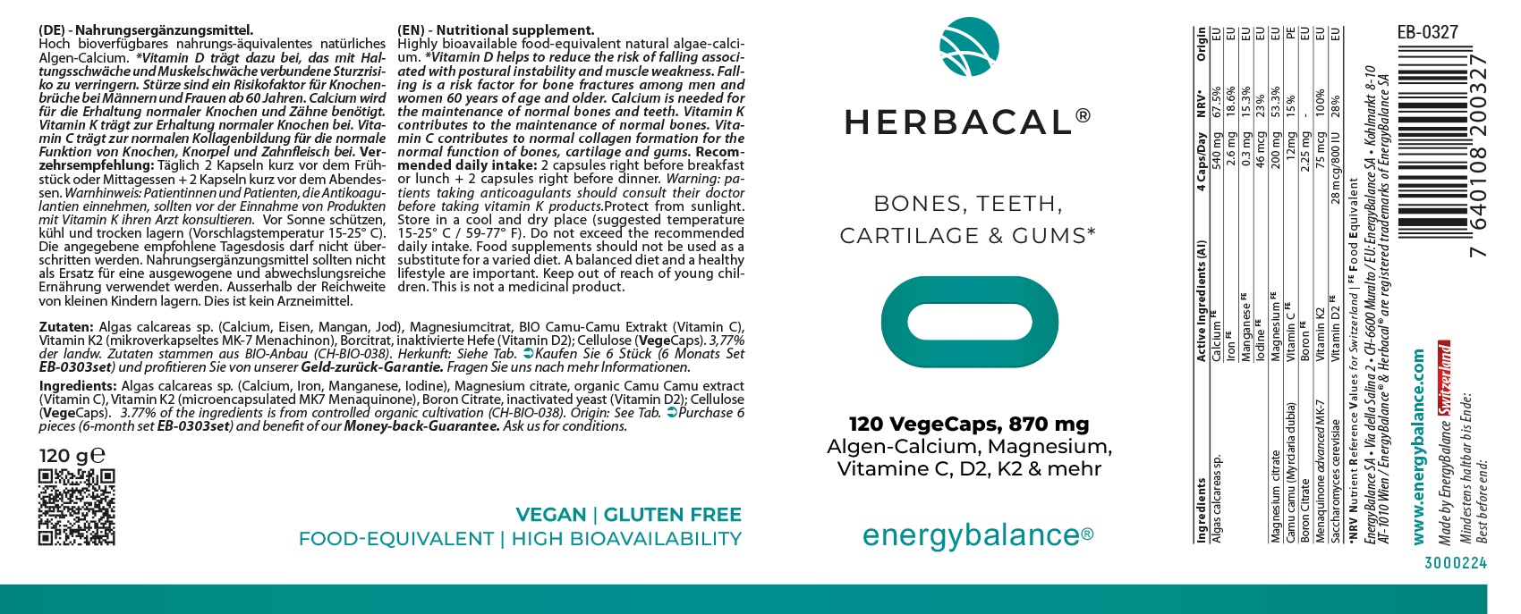 EnergyBalance HerbaCal für Knochen und Zähne, 120 VegeCaps Karies EAN: 7640108200327