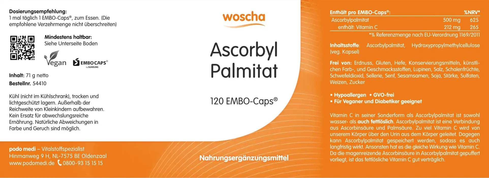 Woscha Ascorbyl Palmitat Vitamin C von podo medi beinhaltet 120 Kapseln Etikett