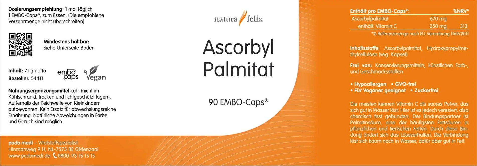 Natura Felix Ascorbyl Palmitat Vitamin C, 120 Kapseln Vitamin C fettlöslich Ascorbyl Palmitat EAN: 8717729193648