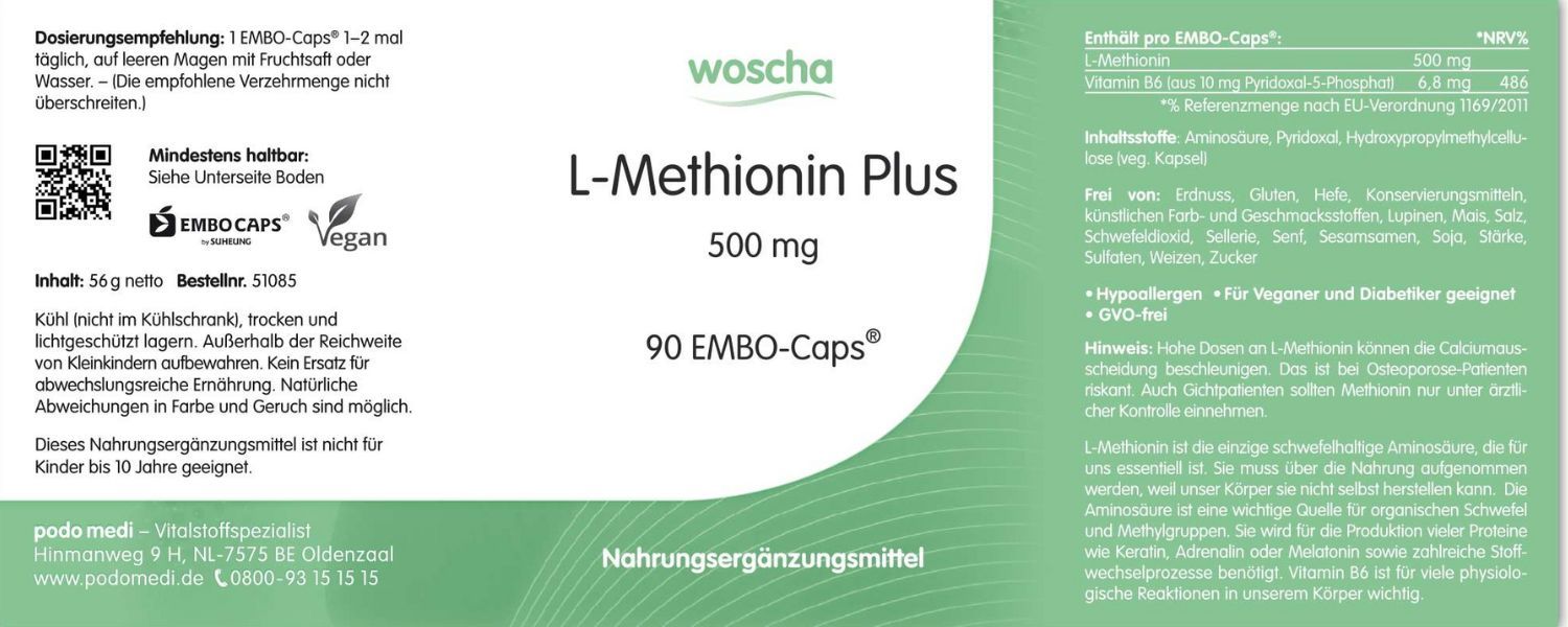 Woscha L-Methionin Plus P-5-P podo medi 90 EMBO-CAPS Etikett Woscha L-Methionin Plus P-5-P von podo medi beinhaltet 90 EMBO-CAPS Etikett