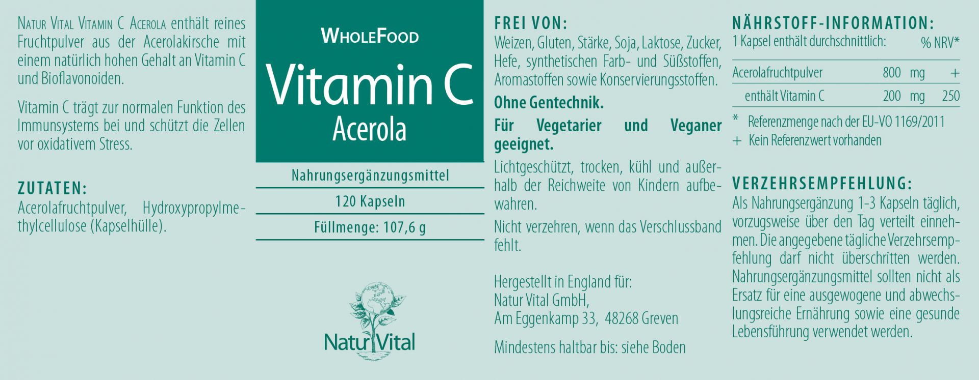 Vitamin C Acerola von Natur Vital beinhaltet 120 Kapseln Etikett