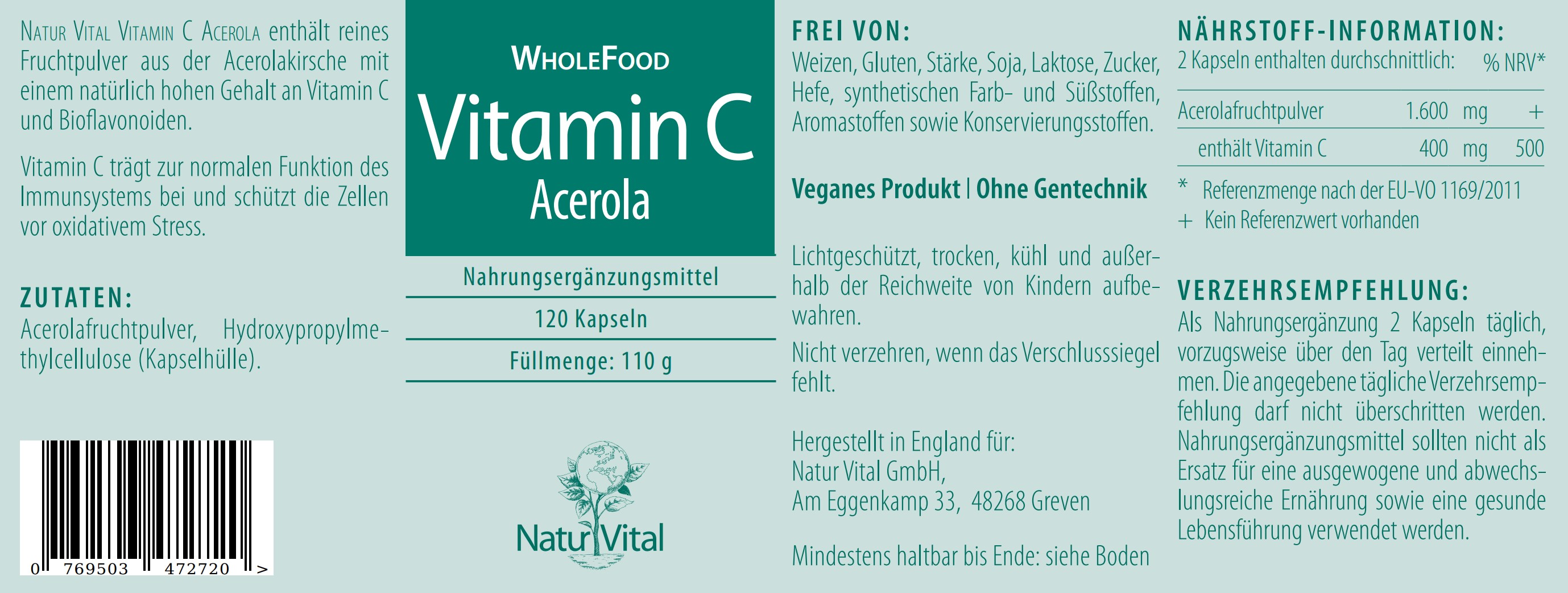 Vitamin C Acerola von Natur Vital beinhaltet 120 Kapseln Etikett