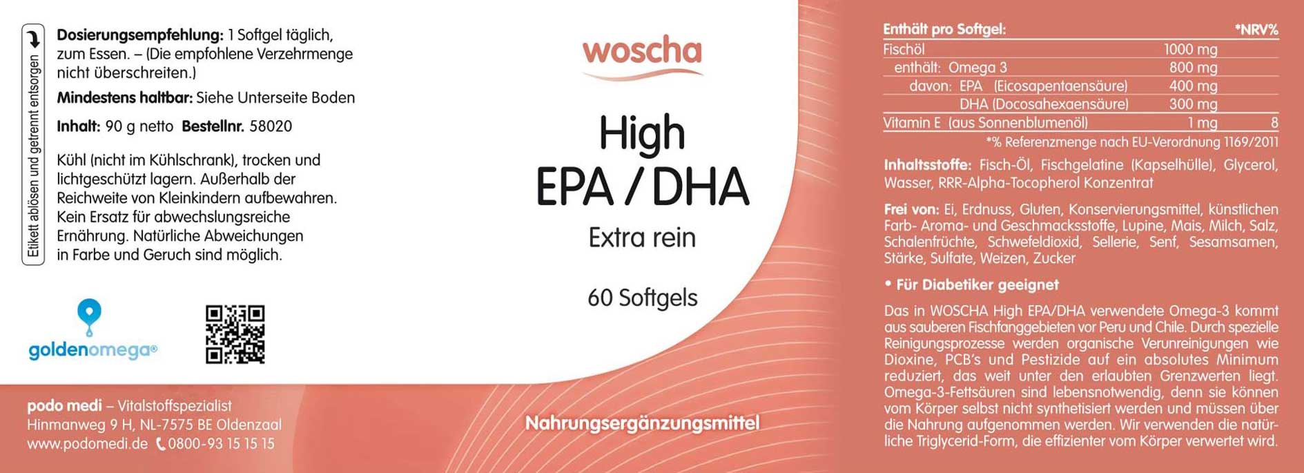 Woscha High EPA DHA von podo medi beinhaltet 60 Softgels Etikett