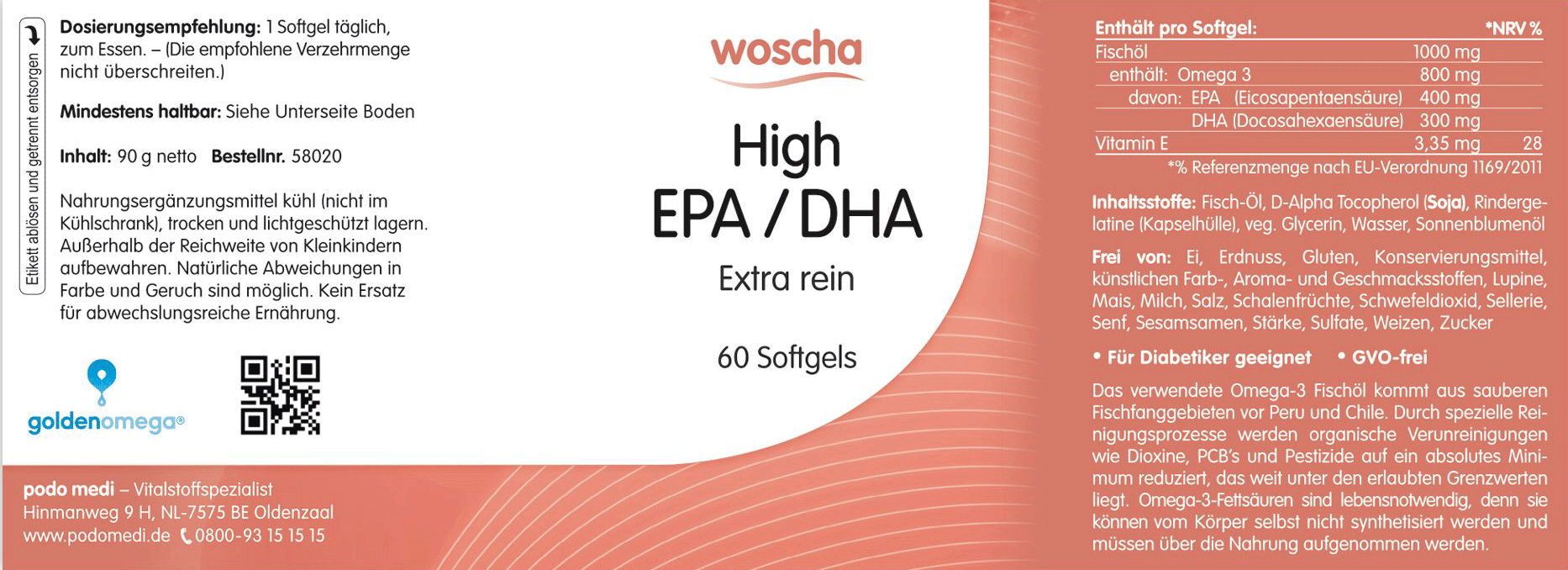 Woscha High EPA DHA podo medi 60 Softgels Etikett Woscha High EPA DHA von podo medi beinhaltet 60 Softgels Etikett