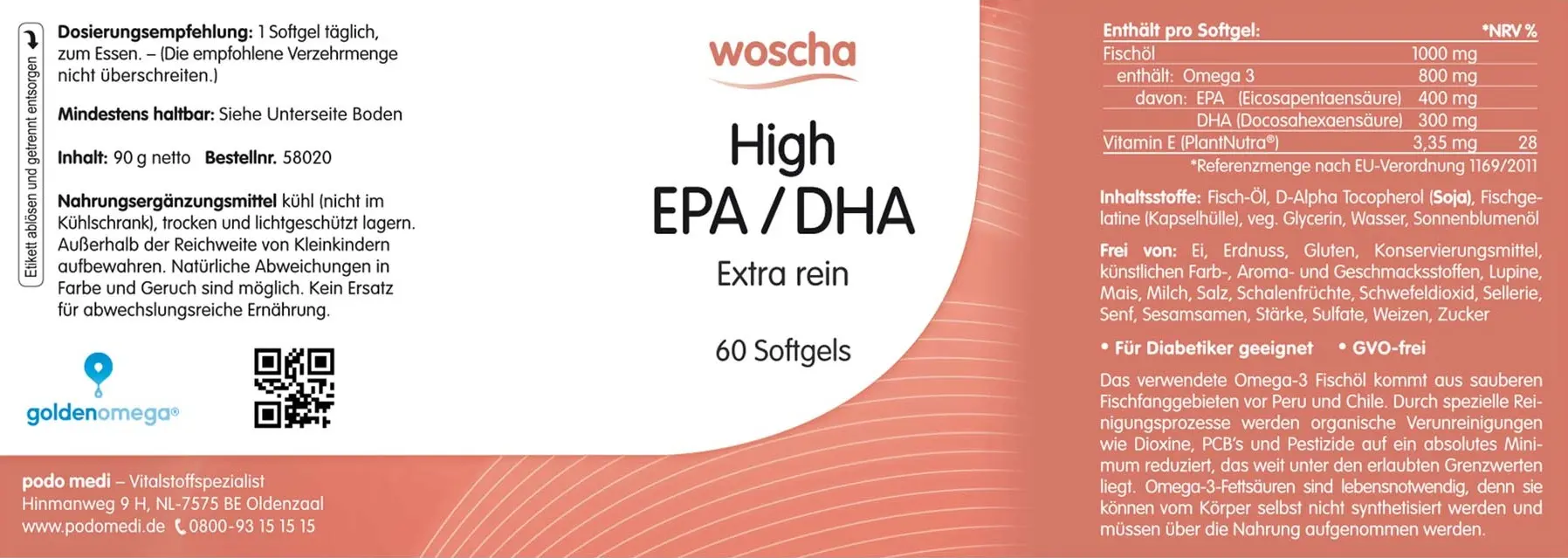 Woscha High EPA DHA von podo medi beinhaltet 60 Softgels Etikett