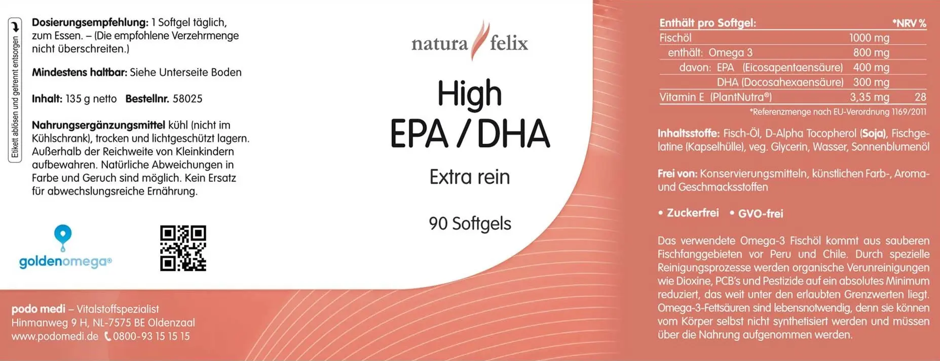 Natura Felix High EPA/DHA, 60 Softgels Fischöl Omega-3 EPA DHA Golden Omega-3 EAN: 8717729190708