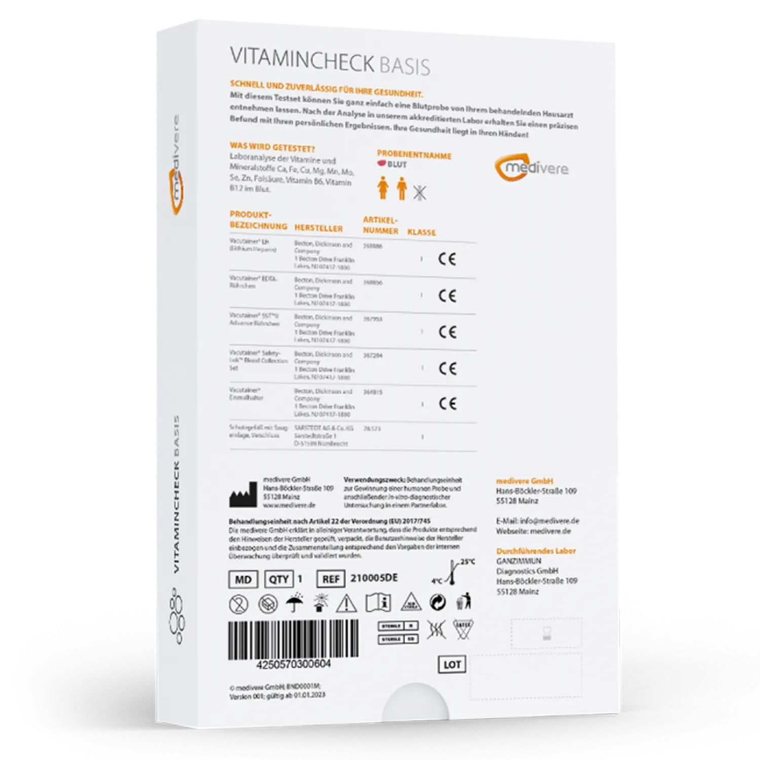 Medivere Vitamincheck Basis Medivere Vitaminversorgung 120004DE Laboranalyse Vitamincheck EAN: 4250570300604
