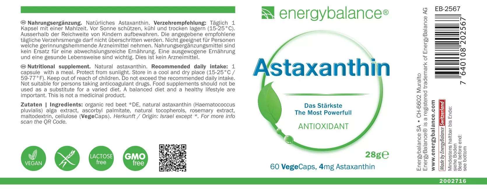 Astaxanthin Etikett von Energybalance