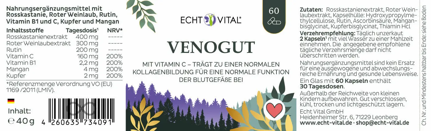 Echt Vital Venogut mit Vitamin C und Rosskastanie, 60 Kapseln Gefäße EAN: 4260635734091