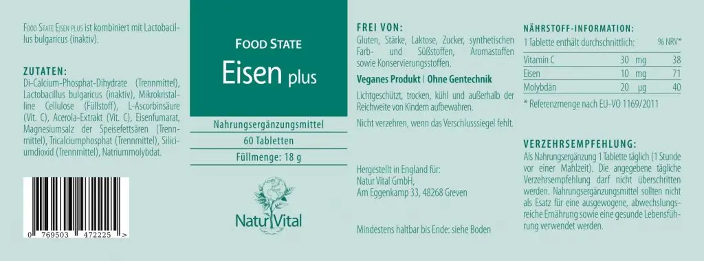 Etikett Eisen von Natur Vital beinhaltet 60 Kapseln