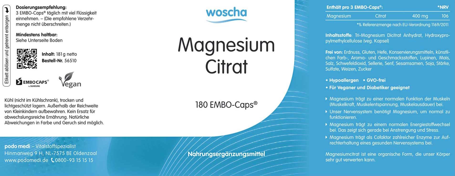 Woscha Magnesium Citrat von podo medi beinhaltet 180 Kapseln Etikett