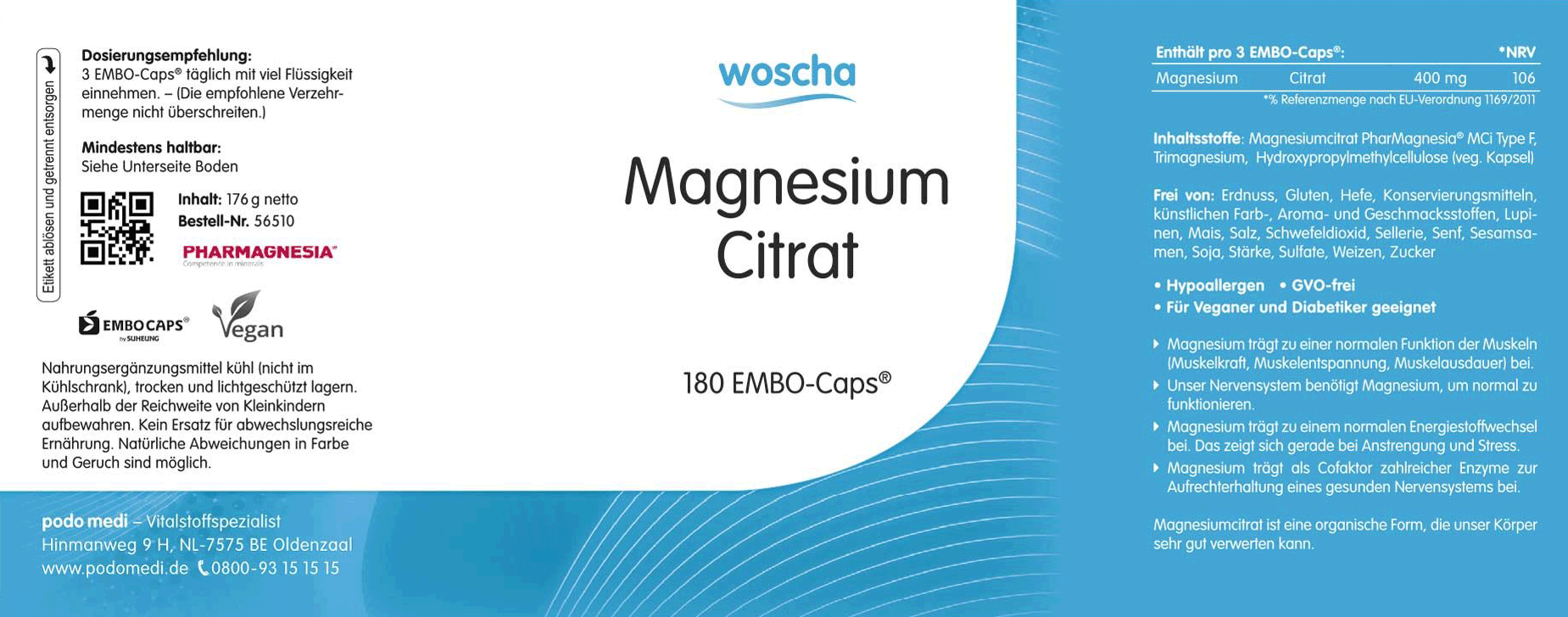 Woscha Magnesium Citrat podo medi 180 Kapseln Etikett Woscha Magnesium Citrat von podo medi beinhaltet 180 Kapseln Etikett