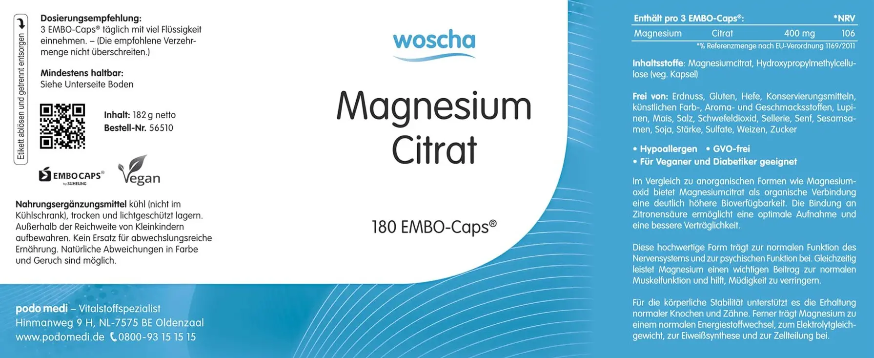 Woscha Magnesium Citrat von podo medi beinhaltet 180 Kapseln Etikett