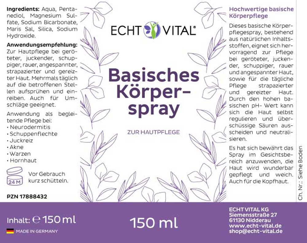 Etikett des Basischen Körpersprays von Echt Vital (150 Milliliter)