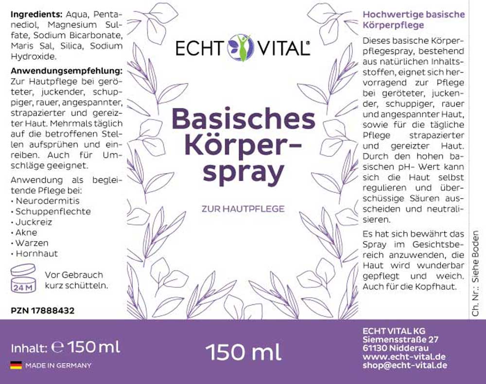 Basisches Körperspray Etikett Echt Vital 150 ml Etikett des Basischen Körpersprays von Echt Vital (150 Milliliter)