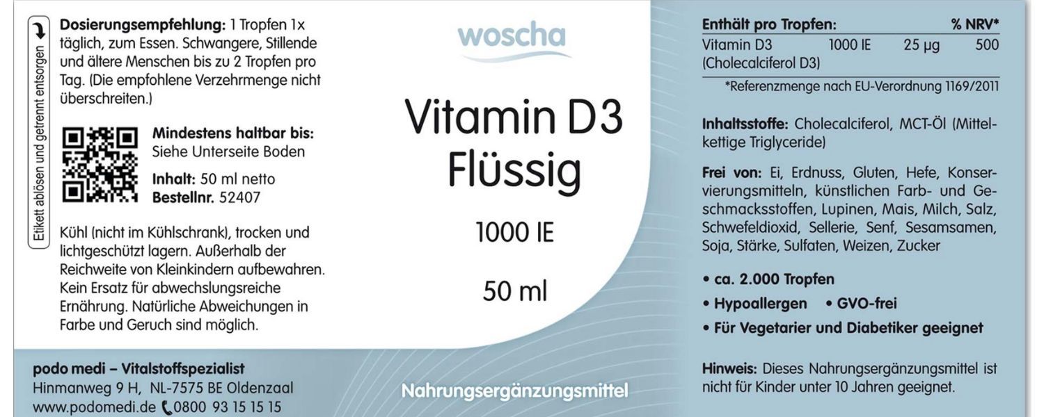 Woscha Vitamin D3 Flüssig podo medi 150 ml Etikett Woscha Vitamin D3 Flüssig von podo medi in 150 Milliliter Flasche Etikett