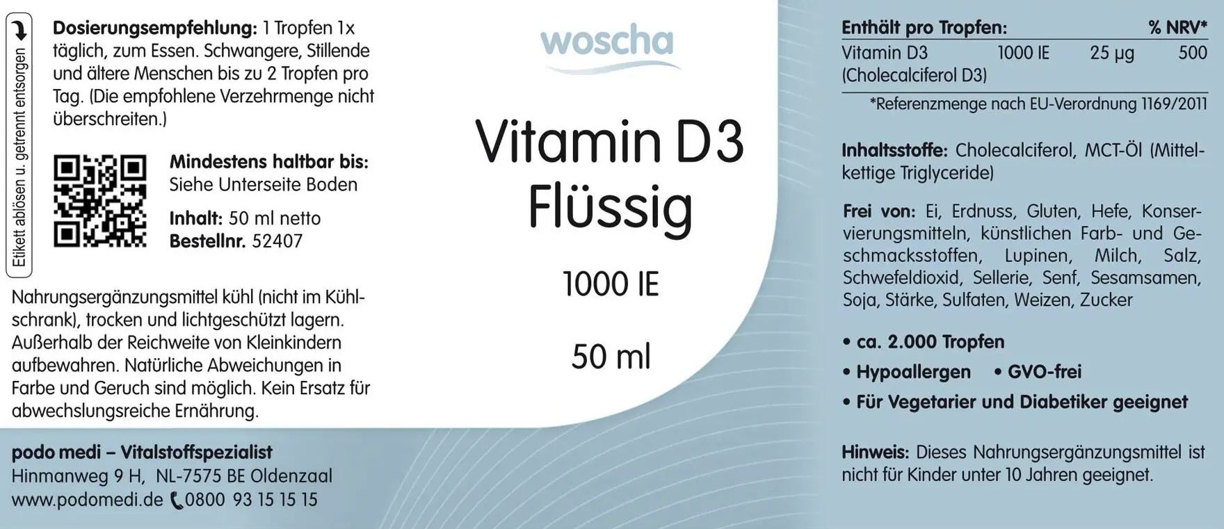 Woscha Vitamin D3 Flüssig von podo medi in 150 Milliliter Flasche Etikett
