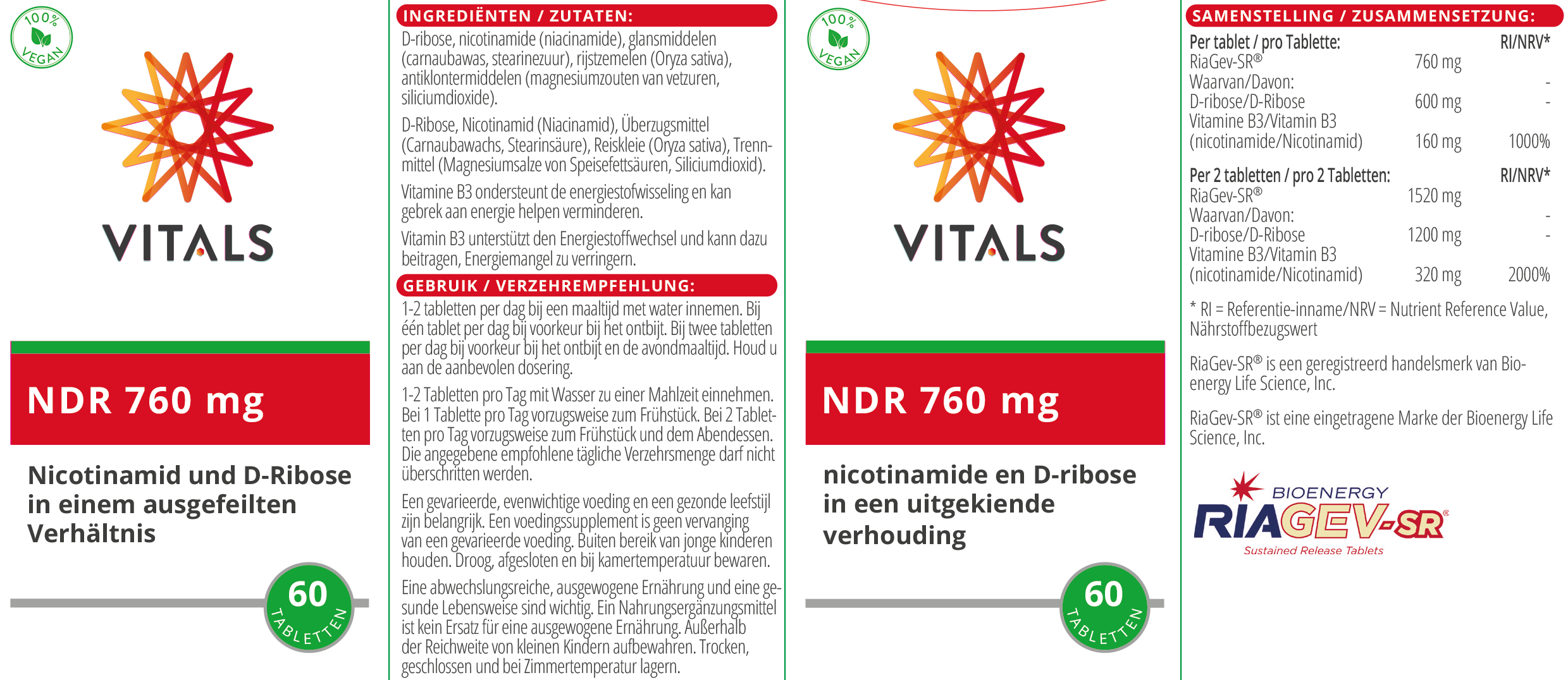 Vitals NDR 760 mg Vitamin B3 und D-Ribose, 60 Tabletten  EAN: 8716717004546
