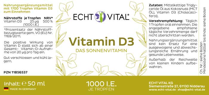 Etikett Vitamin D3 Tropfen von Echt Vital beinhaltet 50 Milliliter