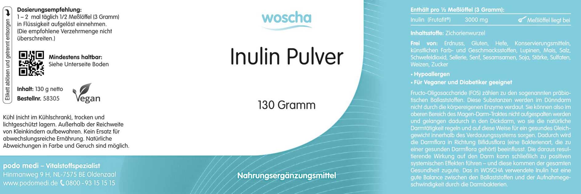 Woscha Inulin Pulver von podo medi beinhaltet 130 Gramm Etikett