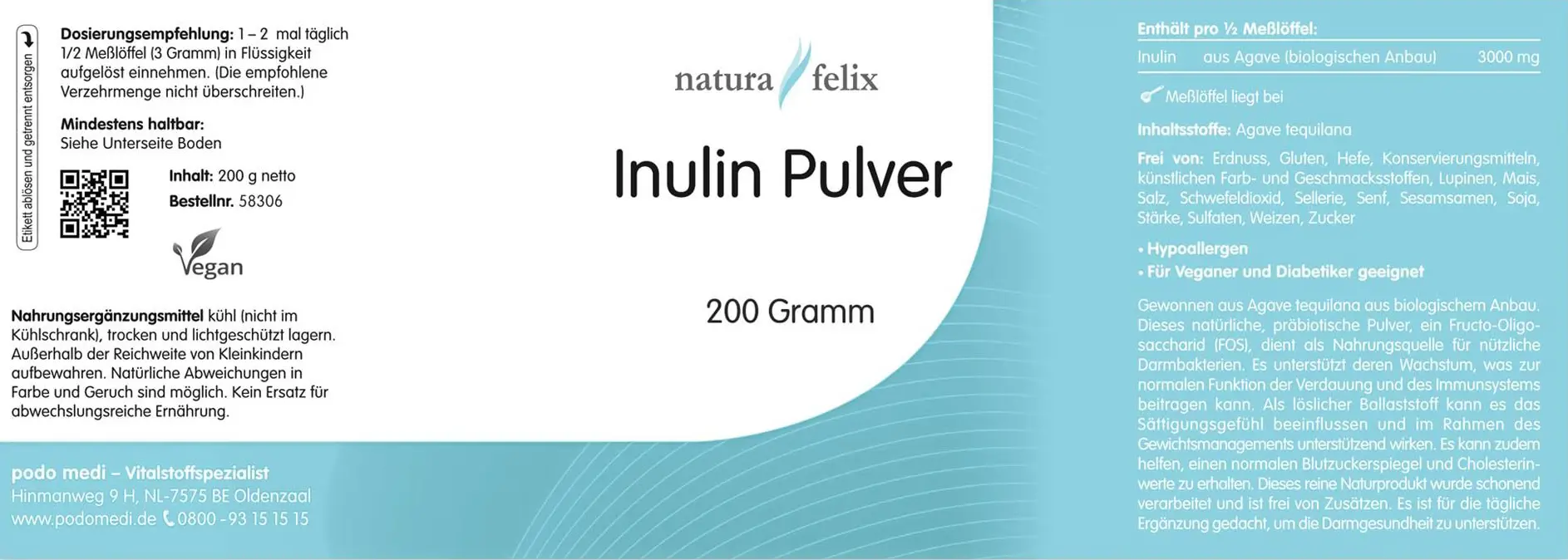 Woscha Inulin Pulver von podo medi beinhaltet 130 Gramm Etikett