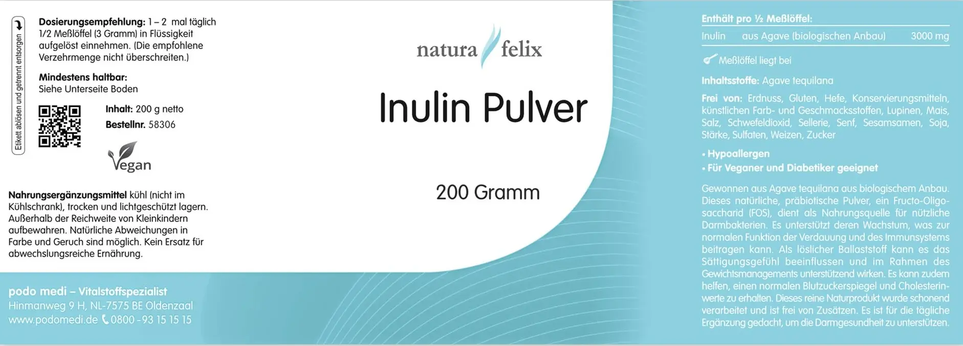 Natura Felix Inulin Pulver von podo medi beinhaltet 130 Gramm Etikett
