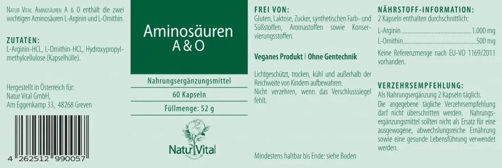 Etikett Aminosäuren A und O von Natur Vital beinhaltet 60 Kapseln