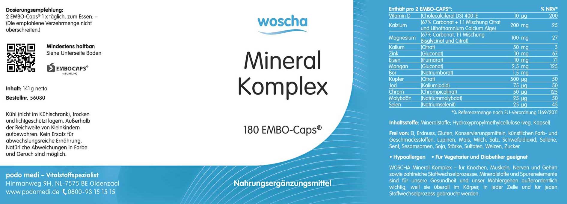 Woscha Mineral Komplex von podo medi beinhaltet 180 Kapseln Etikett