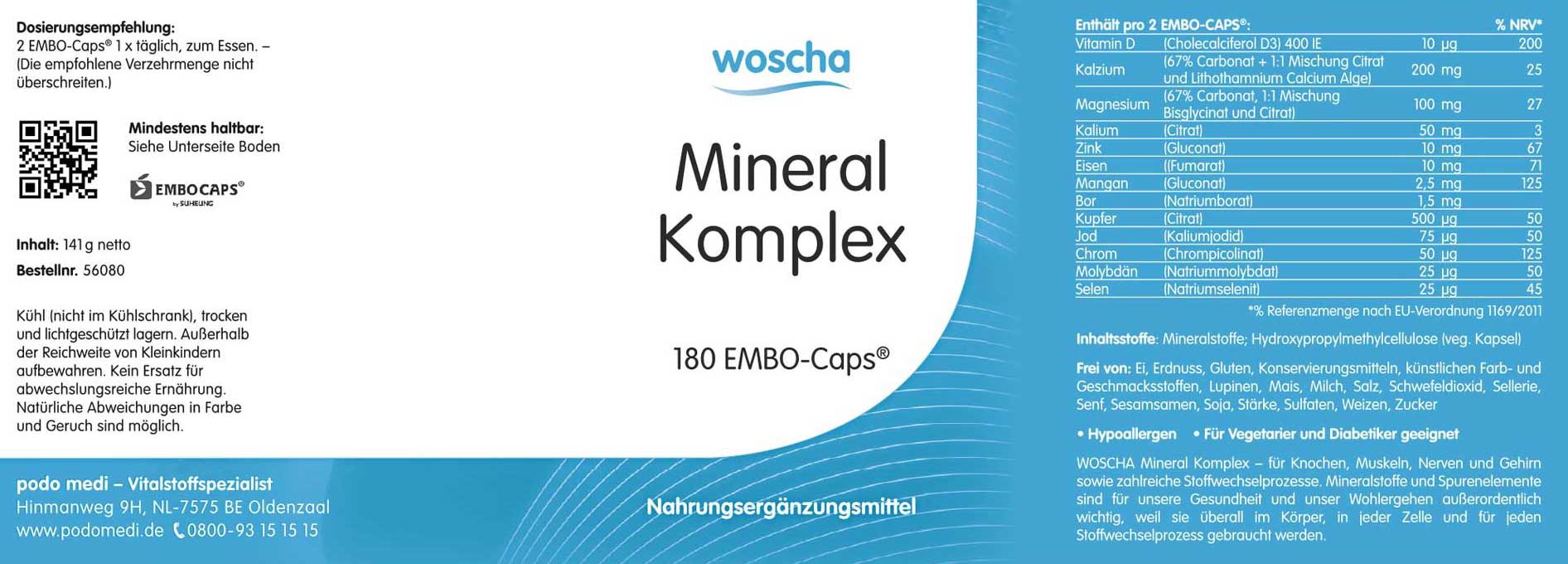 Woscha Mineral Komplex podo medi 180 Kapseln Etikett Woscha Mineral Komplex von podo medi beinhaltet 180 Kapseln Etikett