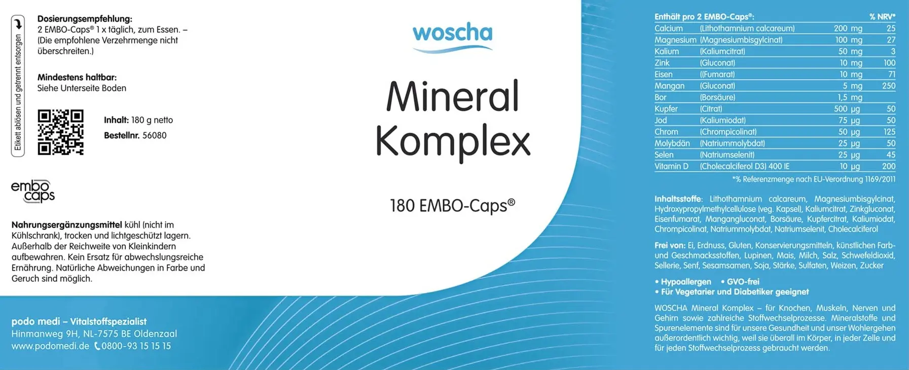 Woscha Mineral Komplex von podo medi beinhaltet 180 Kapseln Etikett